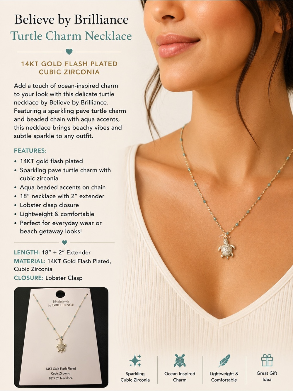 Believe by Brilliance Aqua and Gold Turtle Charm Necklace